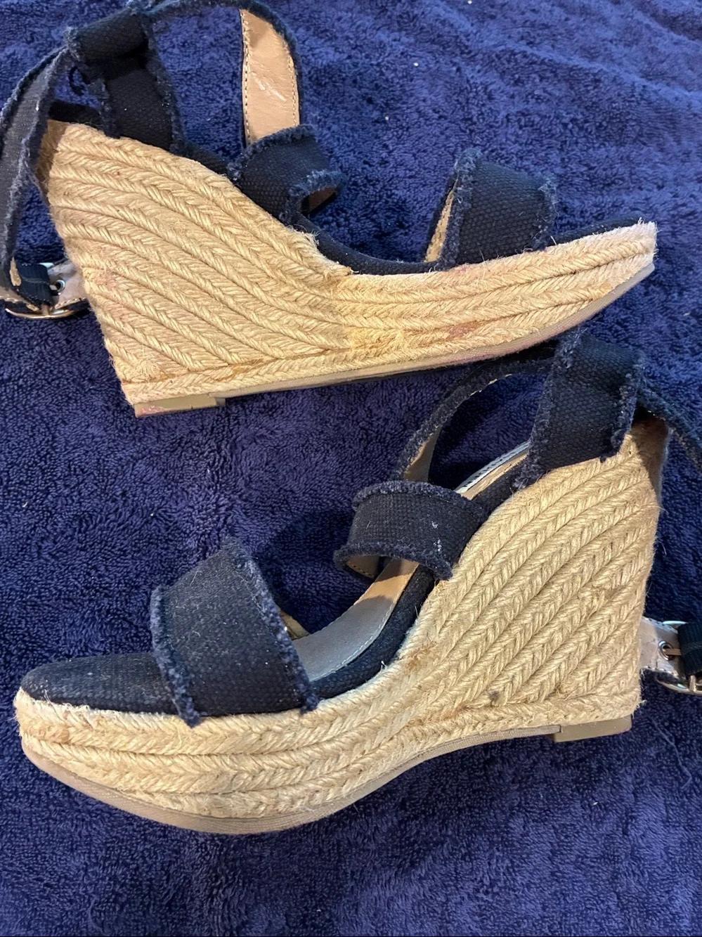 Steve Madden Navy Blue Frayed Strap Wedge Sandals